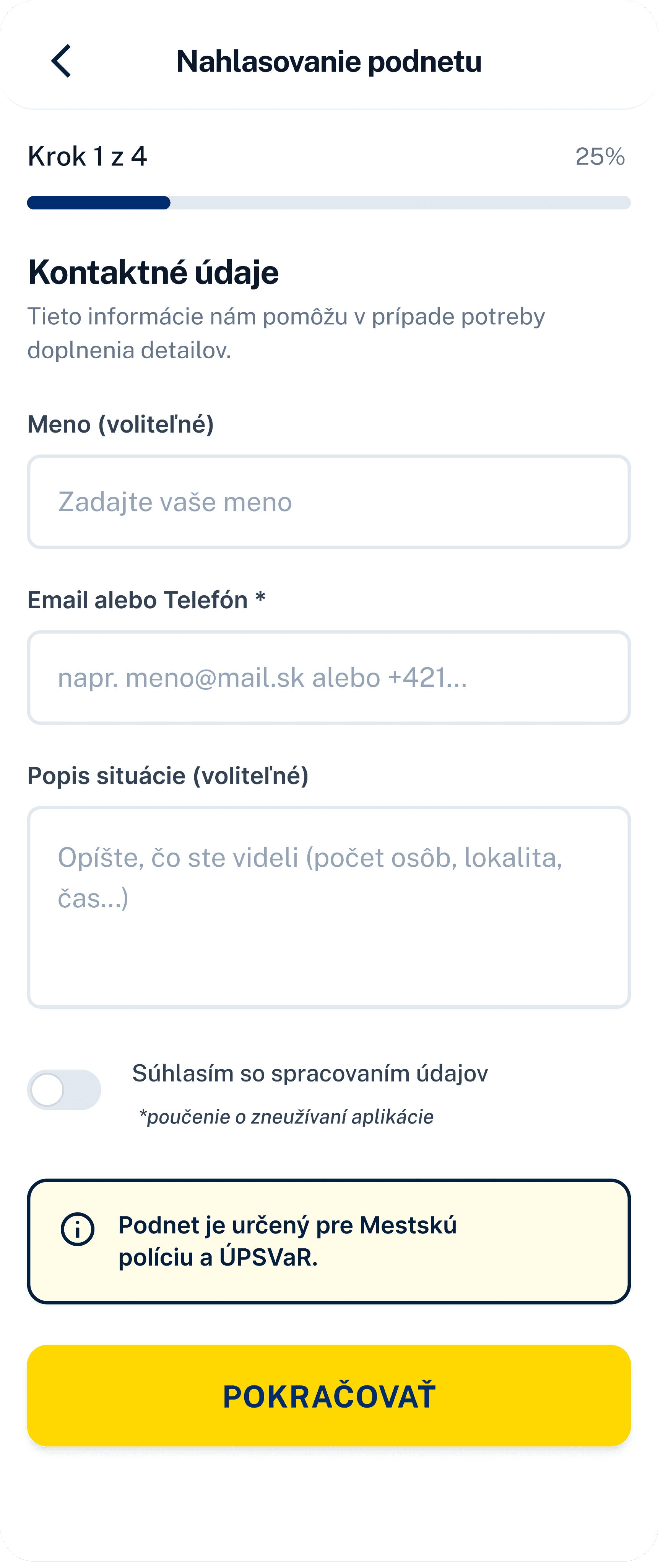 Kontaktné údaje — obrazovka aplikácie Nezobri.me